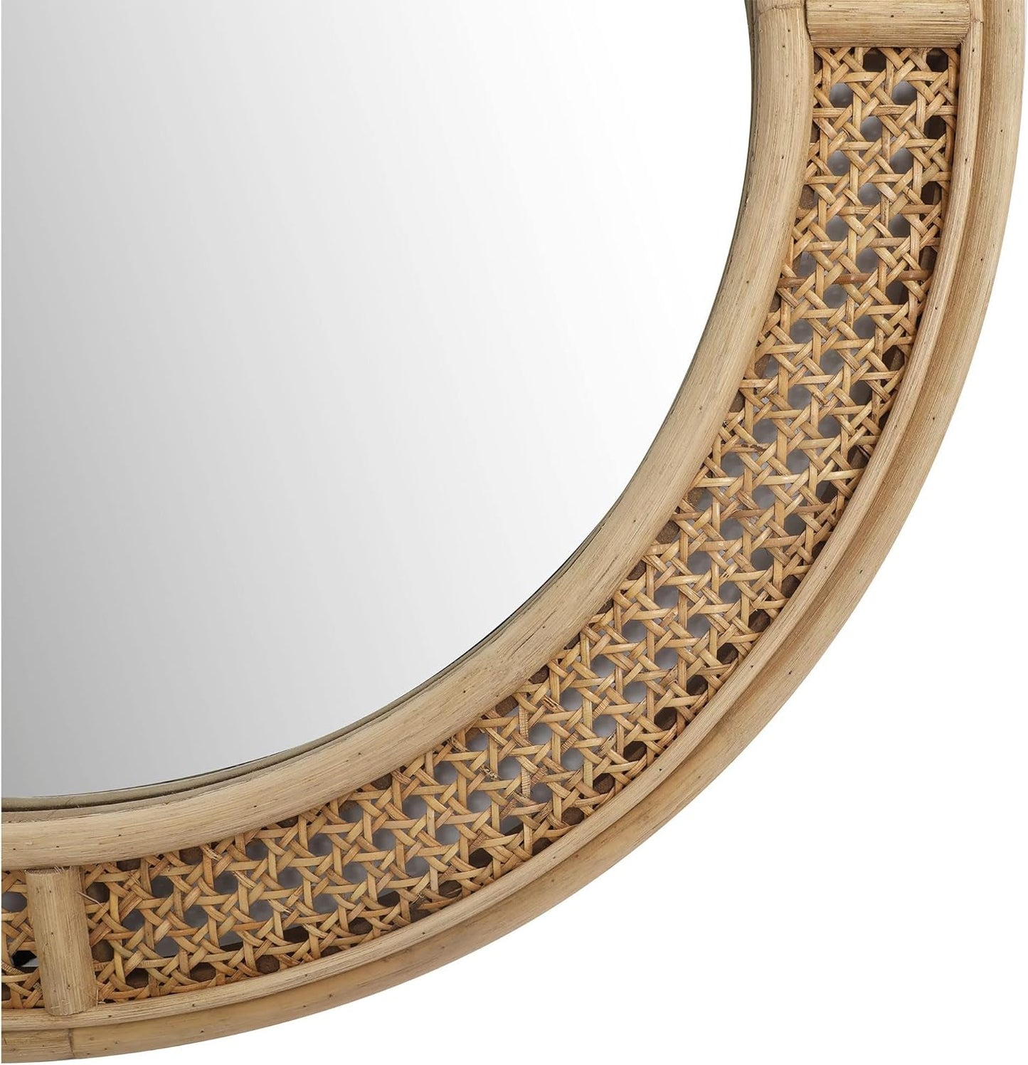 24-Inch Round Rattan Wall Mirror with Wooden Frame - Modern Boho Decor