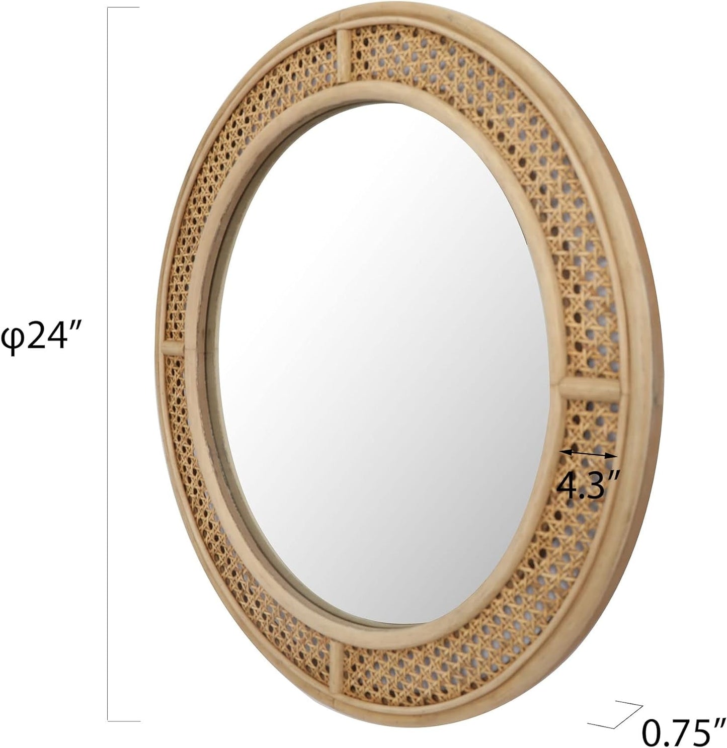 24-Inch Round Rattan Wall Mirror with Wooden Frame - Modern Boho Decor