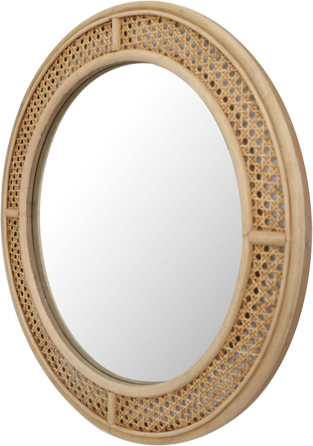 24-Inch Round Rattan Wall Mirror with Wooden Frame - Modern Boho Decor