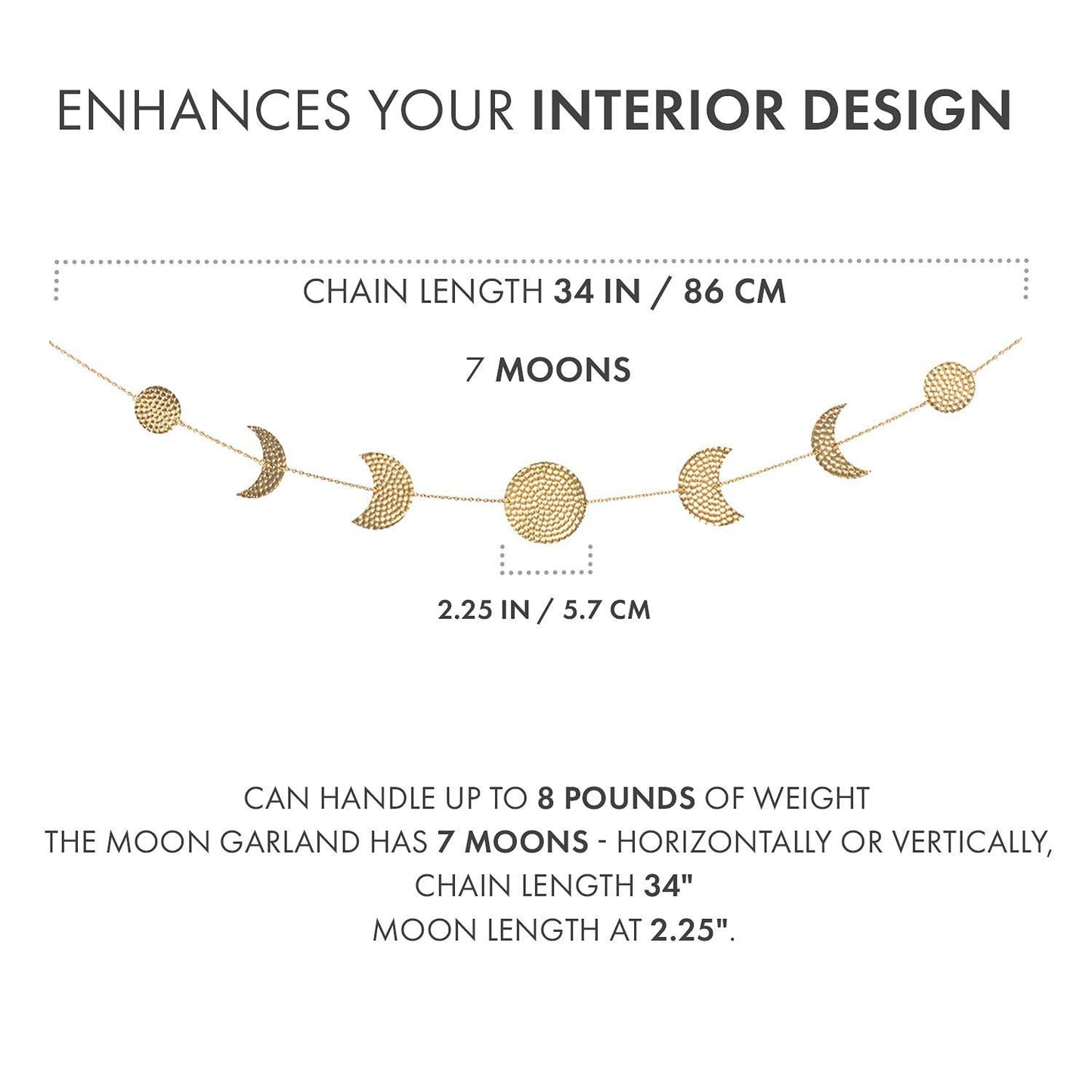 Moon Phase Wall Decor Hanging Garland   7 Gold Hammered Metal Boho