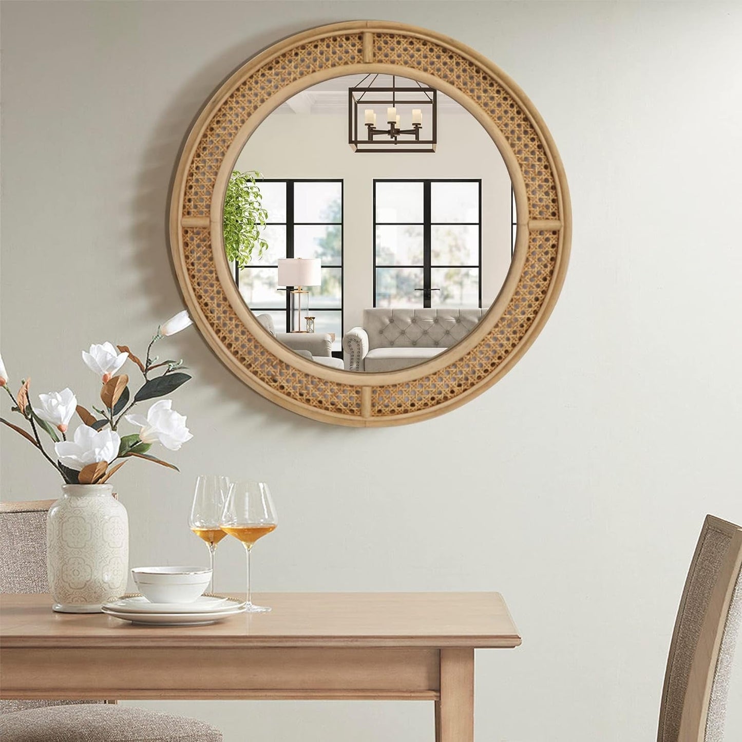 24-Inch Round Rattan Wall Mirror with Wooden Frame - Modern Boho Decor