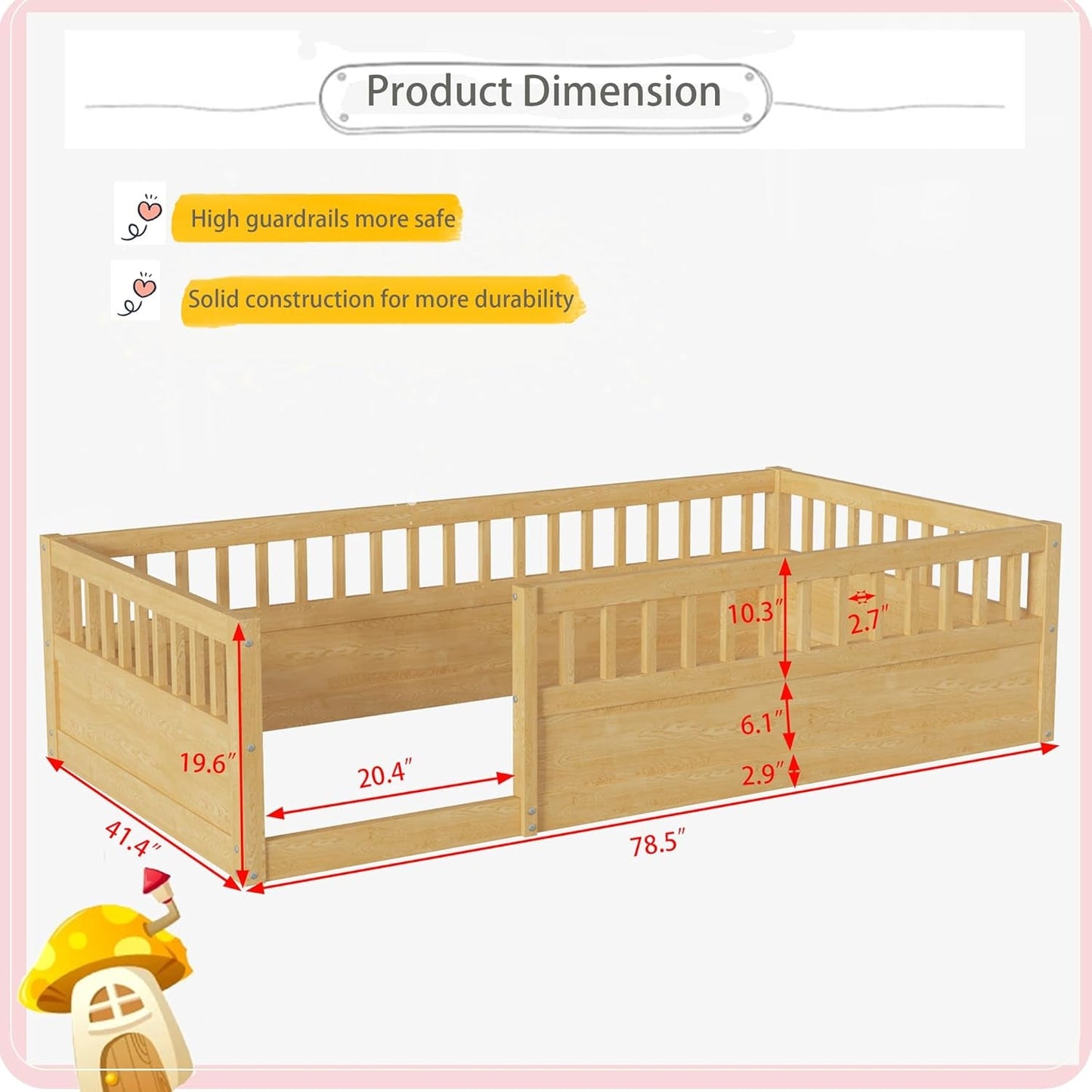 Floor Bed for Kids, Twin Size Montessori Bed with High Fence Railings,