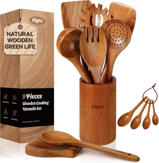 Natural 9-Piece Wooden Kitchen Utensils for Cooking with 4 Piece Measuring Spoons