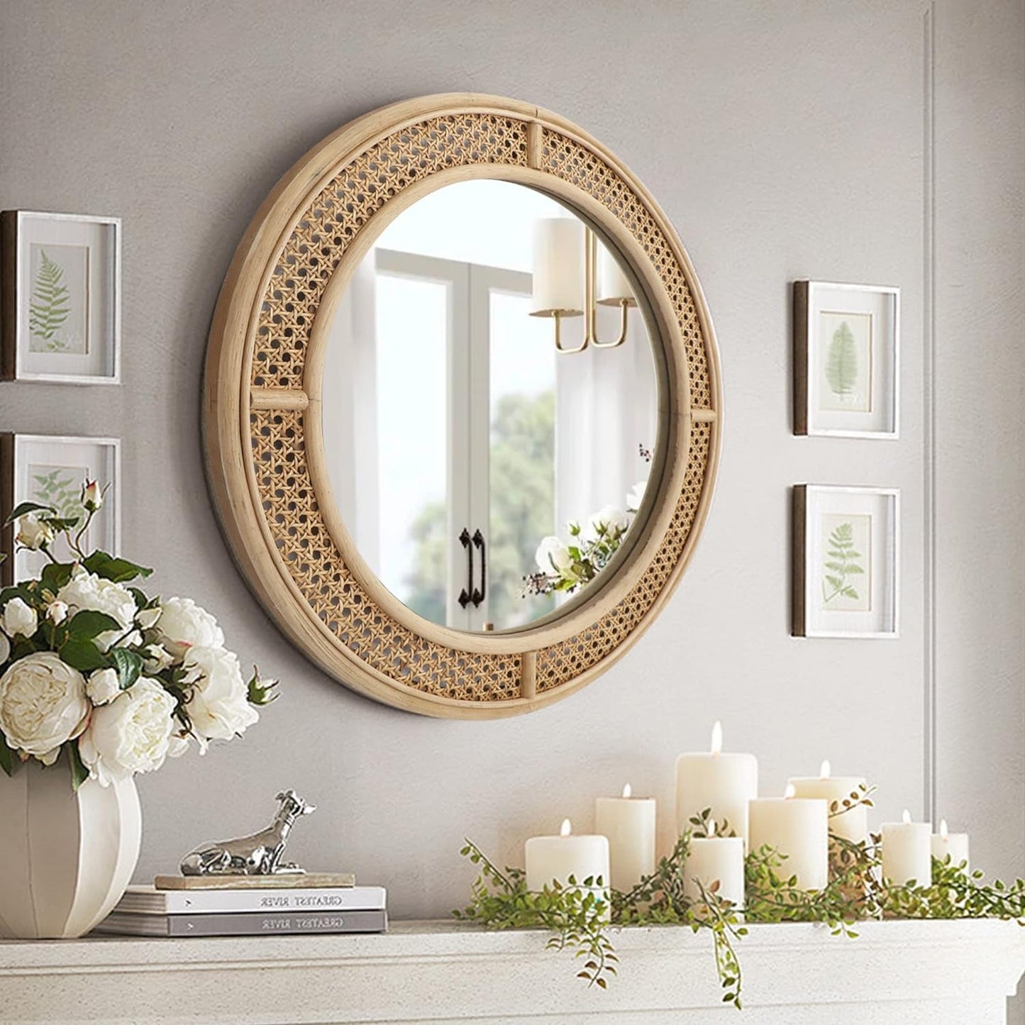 24-Inch Round Rattan Wall Mirror with Wooden Frame - Modern Boho Decor