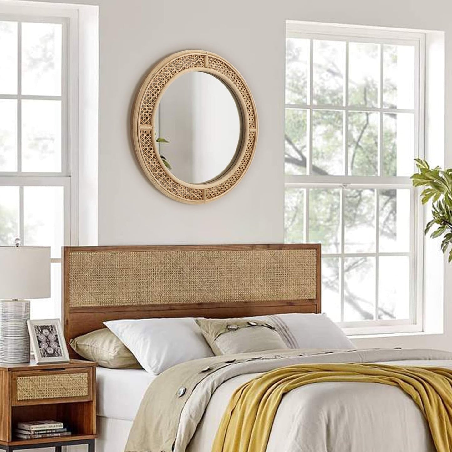 24-Inch Round Rattan Wall Mirror with Wooden Frame - Modern Boho Decor